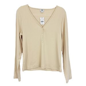 J.CREW Long Sleeve Button Henley Top XL Caribbean Sand Ribbed Knit V-Neck NWT B8